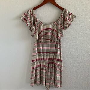 Fighting Eel Ruffle Stripe Tan Pink Romper Playsuit Jumpsuit Hawaii Aloha XS